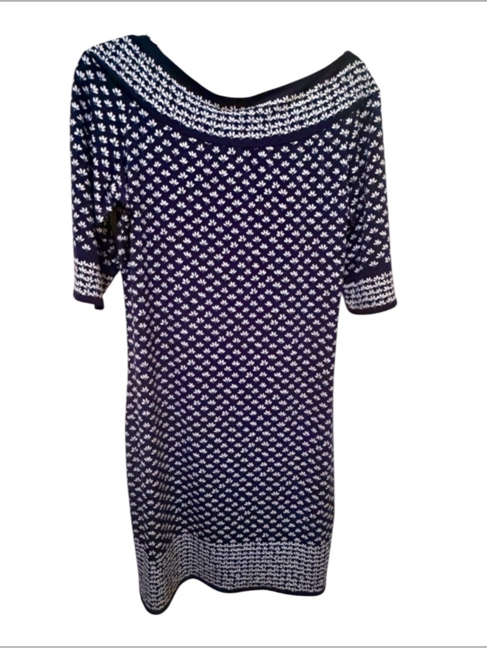Max Studio Navy and White Patterned Women's Dress, Large